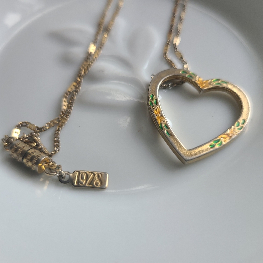 1928 Gold Tone Heart Necklace with Enamel Flowers
